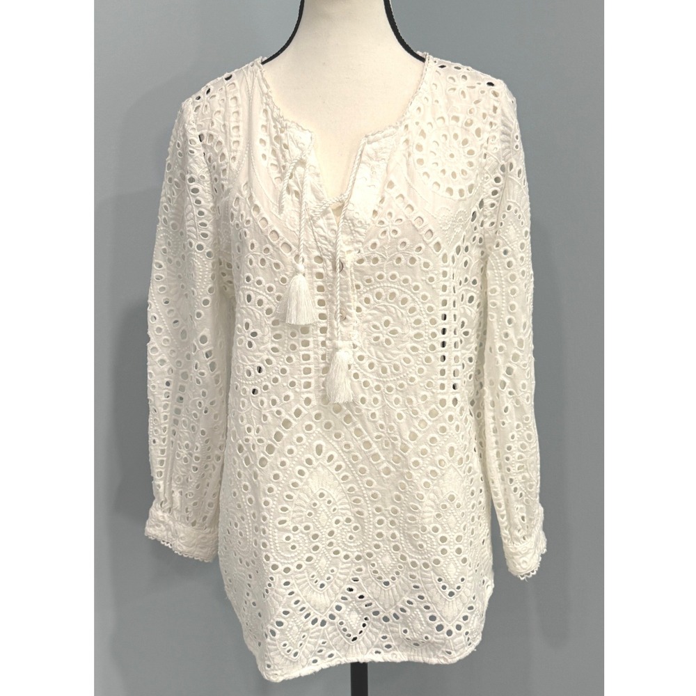 Chico's Women's Large Mixed-Media Medallion Eyelet Top Boho-Chic Cottagecore